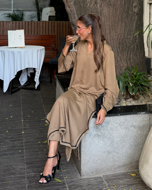 Taupe Karandi Embroided Fringe Set