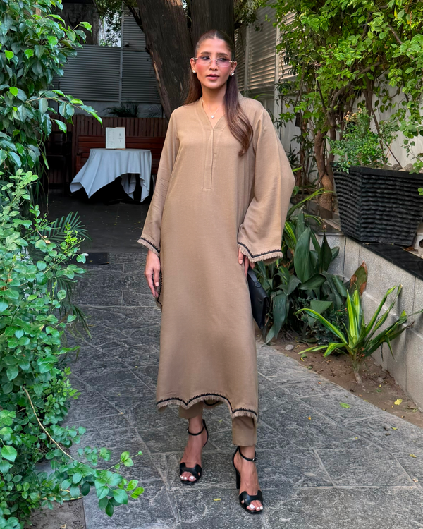 Taupe Karandi Embroided Fringe Set